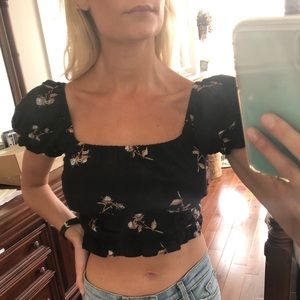 Black cotton bohemian peasant crop top XS EUC